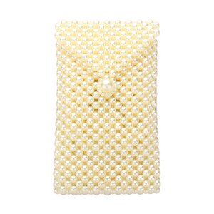 Cream Pearl Beaded Phone Holder Crossbody Bag